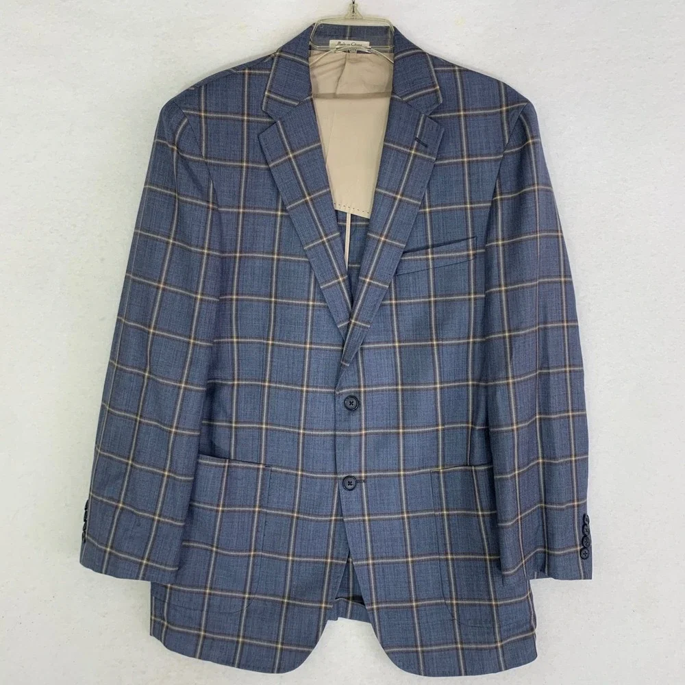 Peter Millar Crown Wool Sport Coat Jacket Men M 42R Blue Windowpane Blazer Plaid